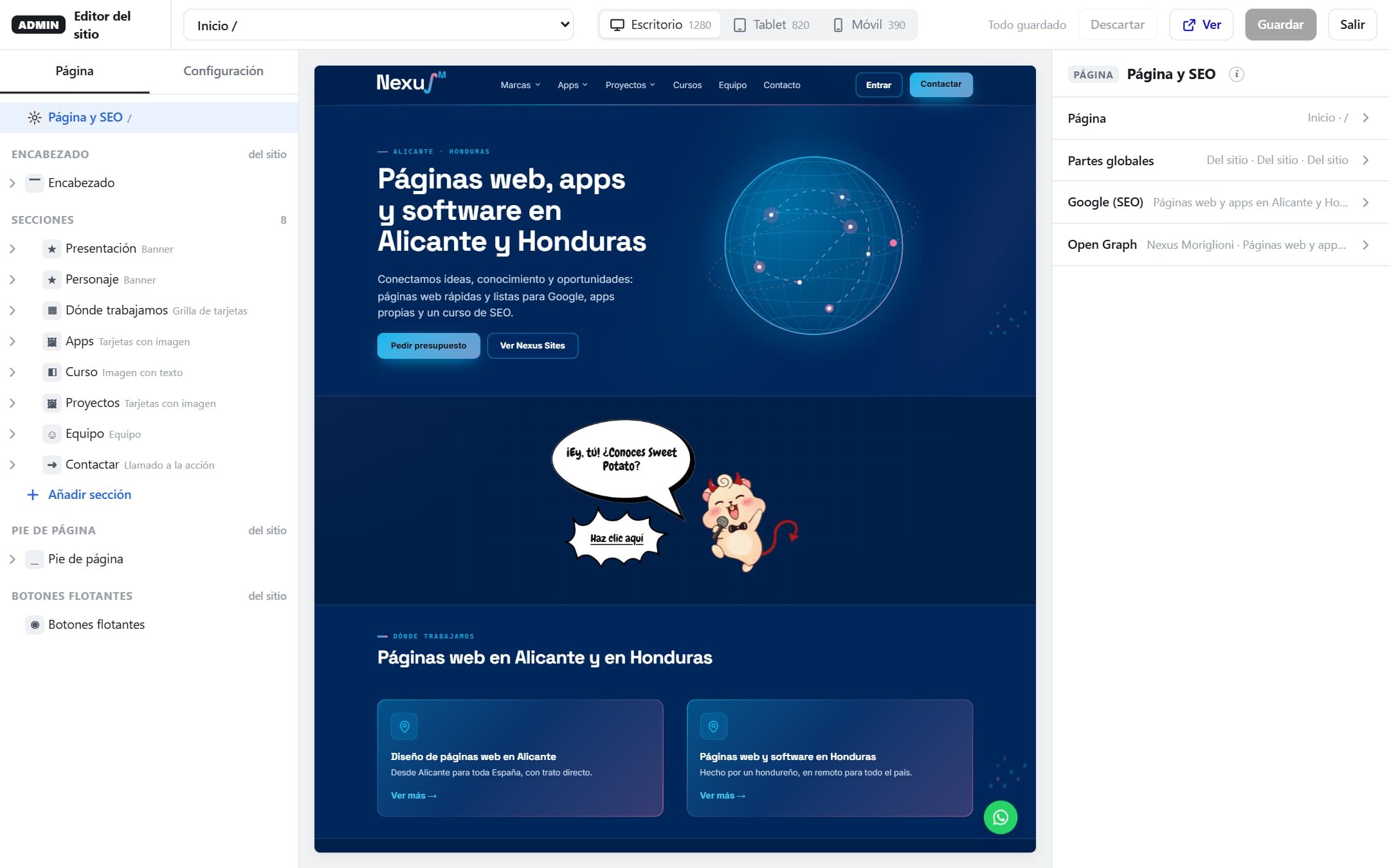 Nexus Sites con la página de inicio abierta en el editor