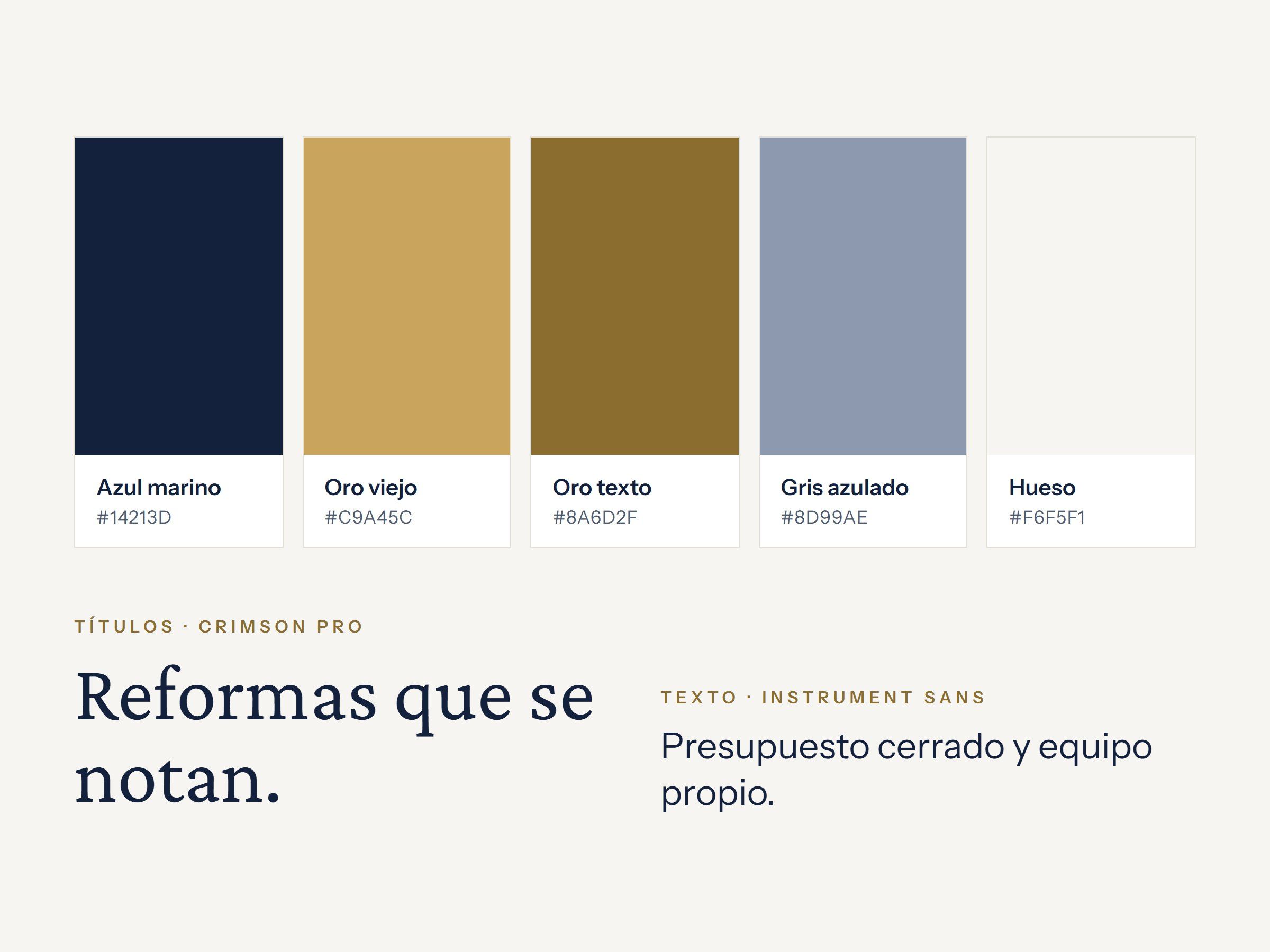 Paleta azul marino, oro y hueso, con las tipografías Crimson Pro e Instrument Sans