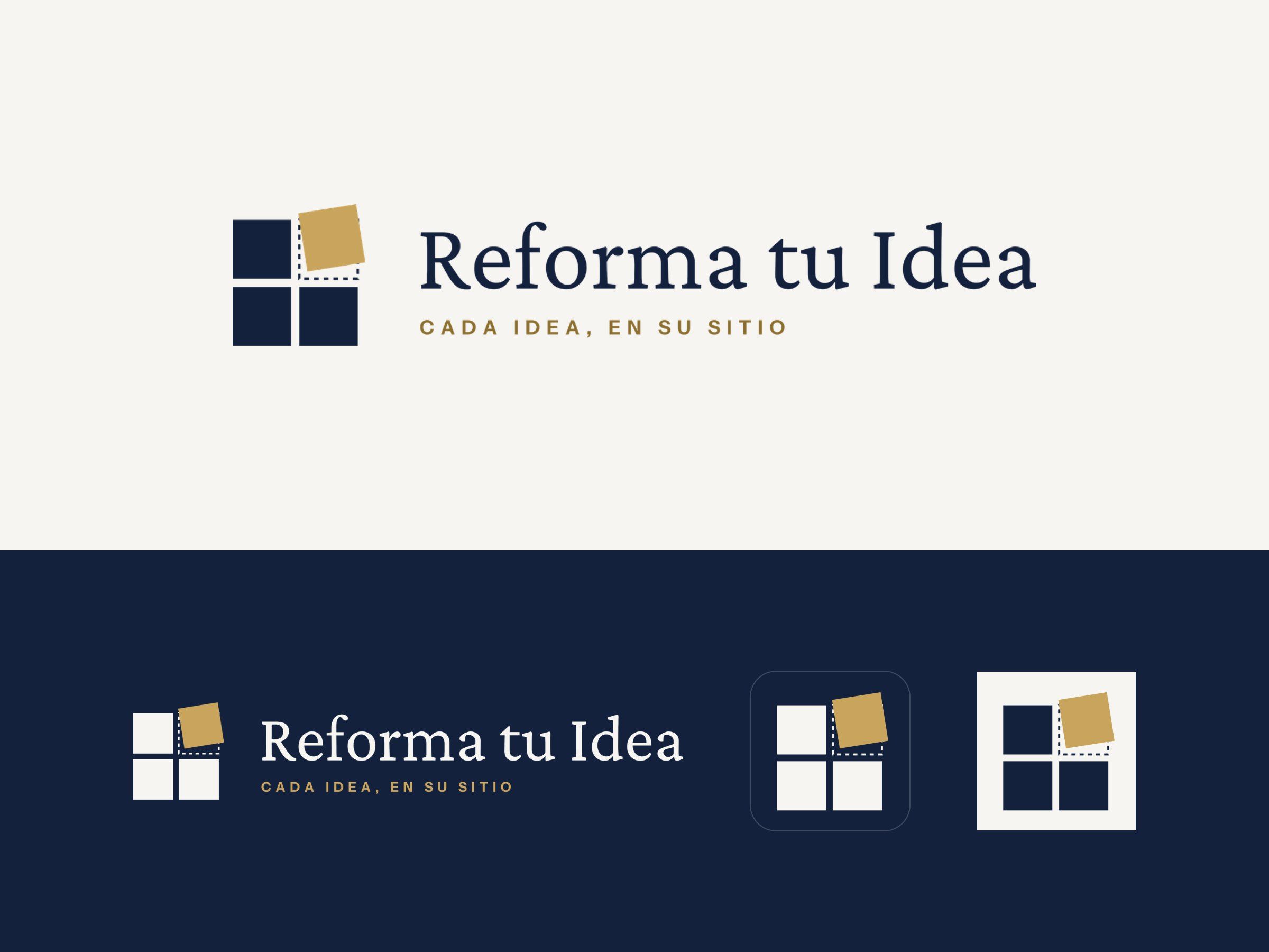 Logo de Reforma tu Idea: cuatro piezas con una girada en oro, en positivo, en negativo y como icono