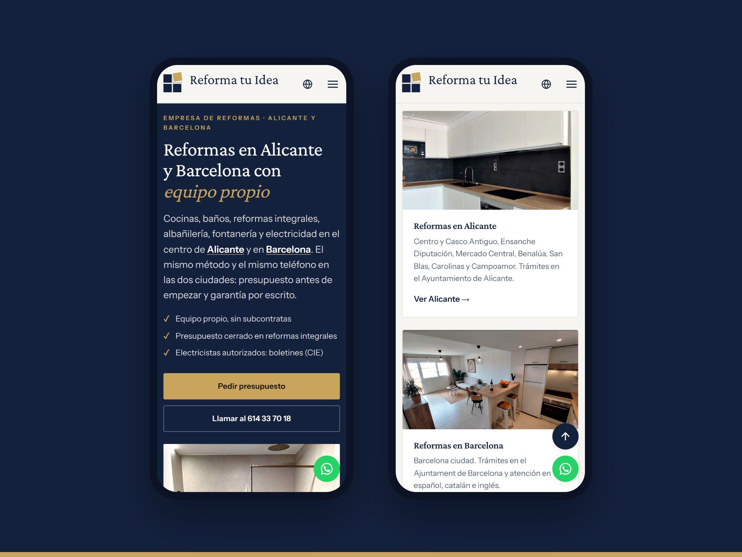 La web de Reforma tu Idea en el móvil: portada y servicios